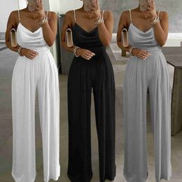 Women's Jumpsuits Rompers Elegant Rompers 2022 Summer Sexy Soild Pearl Sling Top Jumpsuits Women Straps Wide Leg Playsuits Casual V-Neck Overall BodysuitL231005