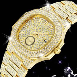 Classic 18K Gold Watch Men Luxury Iced Out Full Diamond Mens Watches Full Steel Fashion Quartz Watch Man CZ Hip Hop Reloj Hombre280u