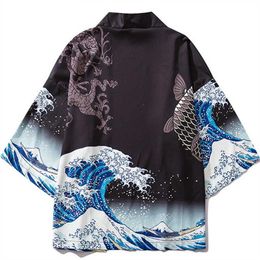 Black Kimono Cardigan Women Men Japanese Obi Male Yukata Men's Haori Japanese Wave Carp Print Coat Traditional Japan Clothing284O