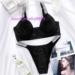 Sexy Push Up Deep V Letter Rhinestones Bra Set Women Breathable Underwear Set Solid Brief Panty 2 Pieces Sets Lady Lingerie Sets X0526