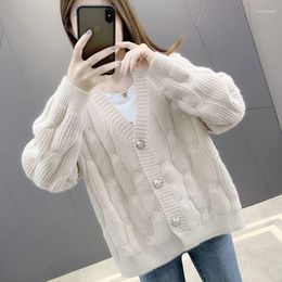 Women's Knits Beige Flowers Casual V-neck Button Simple Knitted Women Sweater Cardigan Coat Autumn Top Girl Cloth Clothing Loose