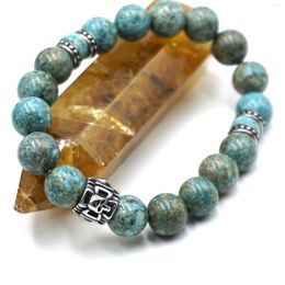 Strand 1pc Dyed Blue Fynchenite With Stainless Skull 10mm Round Beads Elastic Bracelet For Man Woman Daily Party Wearing