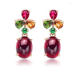 Stud Earrings YangFx Silver Colour European And American Style Garnet Red Colourful Treasure Earstuds Women's Fashion Jewellery