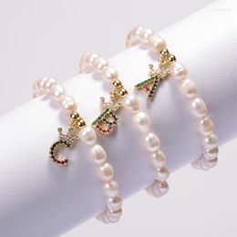 Strand 2023 Arrival Irregular Natural Freshwater Pearl Initial 26 Colour Crown Letter Gold Pendant Charms Elegant Bracelet