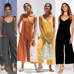 Women Summer Loose Jumpsuit Dungarees 2019 Sexy Deep V-Neck Backless Romper Ladies Strap One-Piece Wide Leg Pants Playsuit272G