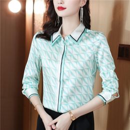 Geometric Print Silk Vintage Lapel Shirt Office Ladies Designer Classic Blue Button Up Shirts 2023 Autumn Winter Women Long Sleeve Blouses Simple Fashion Runway Top