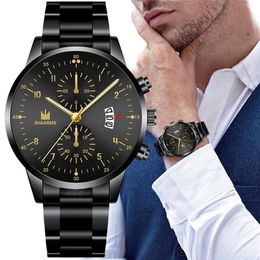 Wristwatches Luxury Watch SHAARMS Men Fashion Simple Wristwatch Quartz Stainless Steel Black Dial Casual Calendar Watches Reloj311z