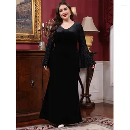 Plus Size Dresses V Neck Long Sleeves Velvet Stretch Maxi Dress Big Loose Black Elegant Fashion Fall