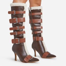 New Sliver Buckle Design Knee High Boots 2023 Winter Fashion Elegant Pointed Toe High Heels Warm Long Boots