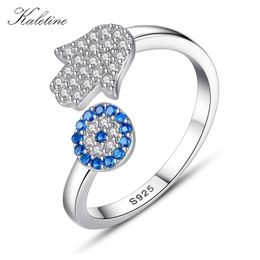 Wedding Rings KALETINE 925 Sterling Silver Blue Hamsa Hand Fatima Adjustable Female Open Size Ring Jewelry 231005
