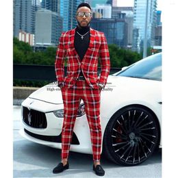 Men's Suits Fashion Cheque Plaid Red Men Slim Fit Notached Lapel 2 Pieces Groom Wedding Tuxedo Man Blazer Prom Party Costume Homme