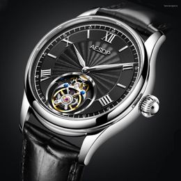 Armbanduhren Aesop mechanische fliegende Tourbillon-Bewegung Skelettuhr für Männer Luxus wasserdichte Uhren mit Diamant-Mann-Uhr