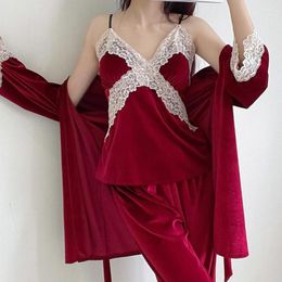 Women's Sleepwear 3PCS Velour Pyjamas Set Autumn Winter Velvet Lingerie Burgundy Women Lace Bathrobe Pyjamas Sleep Suit Home Clothes