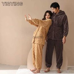 Women's Sleep Lounge "Warm velvet" winter plus velvet couple hooded home two-piece coral velvet long-sleeved cardigan ladies pajamasL231005