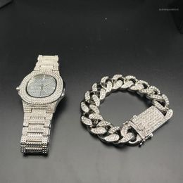 Hip Hop Mens Watches Bracelets Set Fashion Diamond Iced Out Cuban Chain Gold Silver Watch Set With Box 20191264q