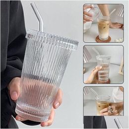 Wine Glasses Wine Glasses 375Ml Simple Stripe Clear Glass Cup With Lid And St Transparent Tea Milk Coffee Mug Home Garden Kitchen, Din Dhrjc