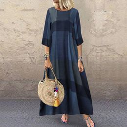 Casual Dresses 2023 Vintage Summer Baggy Maxi Dress Womens Cheque Sundress Short Sleeve Vestidos Female Oversized Loose O Neck Robe