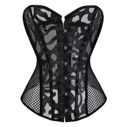 Plus Size Lace Mesh Corset Bustier S-6XL Black White Ultra Light-weight Hollow-out Fish Net Back Overbust Corselet No Ruffle Trim205e