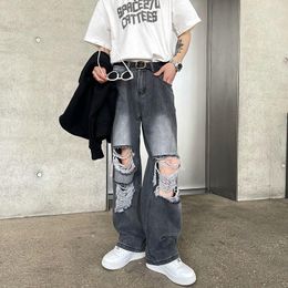 Men's Jeans Brand Wide Leg Boyfriend Vintage Washed Ripped Denim Trousers High Street Make Old Male Hole Fashion Long Pants A60