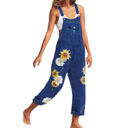 Women's Jumpsuits & Rompers 2021 Summer Women Casual Bib Overall Dungarees Sunflower Print Pockets Denim Loose Overalls186v