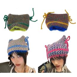 Beanie Skull Caps Y2K Gothic Striped Woolen Cat Ear Little Devil Hat Womens Winter Handmade Female Cap Warmer 231005