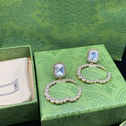 Shiny Diamond Letter Pendant Earrings Charm Women Square Rhinestone Studs Double Alphabets Crystal Dangler With Gift Box310E