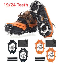 Carabiners 1 Pair 24 19 Teeth Antislip Climbing Crampons Outdoor Winter Ice Claws Snow Gripper Hiking Shoe Boot Grips Chain Spike 231005