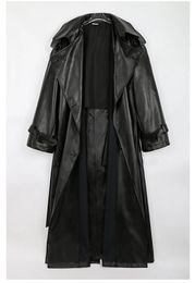 Women's Leather Faux Black Oversize Wind Coat Long Belt Double Breasted Loose PU 230928