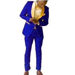 Groomsmen Royal Blue Pattern Groom Tuxedos Shawl Gold Lapel Men Suits 2 Pieces Wedding Bridegroom Jacket Pants Tie Men's &333c