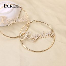 Hoop Huggie DOREMI Iced Out Bling Name Earrings Custom Hoop Names Personalised Earrings Letter Big Personalised Name Earrings Women Gift 231005