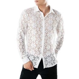 Lncdis Slim Lace Shirt Dress Men Fit Casual Soft Long Sleeve Shirts Formal Clothing Chemise Homme Blouse Handsome Hollow 10290e