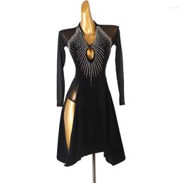 Stage Wear Latin Dance Skirt Women Long Sleeve Rumba Samba Game Dress Lady Black Sparkle With Drill Competition Dancing Dresses