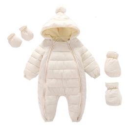 Para baixo casaco nascido bebê macacão com capuz mais veludo quente bebê meninos snowsuit criança terno de neve bebê menina algodão macacão 231005