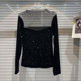 Women's T Shirts PREPOMP 2023 Autumn Arrival Long Sleeve Transparent Mesh Patchwork Diamonds Velvet Black Shirt Women GL431