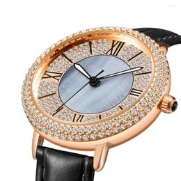 Wristwatches 2023 Summer Women Full Rhinestone Brand Watches Austria Crystal Diamond Stone Watch Lady Gift Dress Genuine Leather Wristwatch