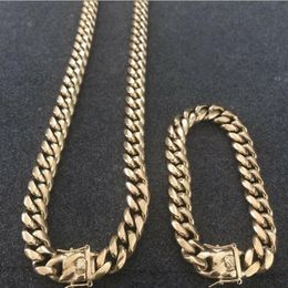 12mm Men Cuban Miami Link Bracelet & Chain Set 14k Gold Plated Stainless Steel286o