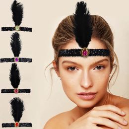 Women's Halloween Black Shiny Crystal Feathers Headband Ethnic Style Hair Bands for Women Masquerade Cosplay Hair Accessories