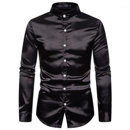 Men's Casual Shirts Mens Mandarin Collar Silk Satin Dress 2021 Brand Regular Fit Long Sleeve Shirt Men Business Camisa Mascul186S