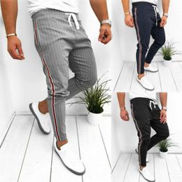 Men Summer Casual Long Pants Sport Gym Slim Fit Running Joggers Stripe Long Trousers Sweatpants 2020 New219S