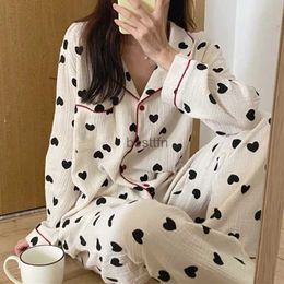 Women's Sleep Lounge 2 Pieces Womens Pajamas Cotton Long Sleeve Sleepwear Korean Heart Print Pijama Set Nightwear Lady Home Suit Spring Pyjama NightyL231005