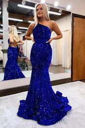 Royal Blue 2023 Prom Dresses Sequins Mermaid One Shoulder Spaghetti Straps Sexy Back Beaded Sweep Train Custom Made Evening Party Gowns Vestidos Plus Size
