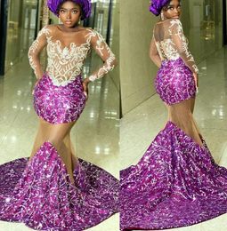 Evening Dresses Purple Prom Party Gown Formal Plus Size Mermaid Beaded Zipper Lace Up New Custom Illusion Sequins Sequined Scoop Long Sleeve