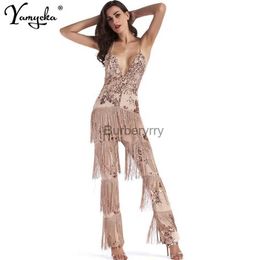 Women's Jumpsuits Rompers Sexy V neck Sequins Summer bodysuit women one pieces Backless tassel body femme rompers womens jumpsuit Bandages Tassel OverallsL231005