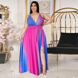 Plus Size Dresses Sexy Deep V Neck Printed Backless Split Maxi Dress Sleeveless Boho Beach Style Women Summer Club Party Robes