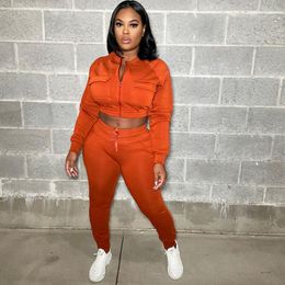 Women's Two Piece Pants Casual Sweatsuit Sets Womens Outfits Long Sleeve Pocket Zip Crop Top And Sweatpants Matching Tracksuit Streetwear