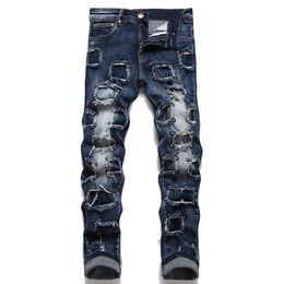 Dark Blue Rivet Hole Men's Jeans Fashion Slim Stretch Hole Patch Small Straight Denim Pants Spring Autumn Punk Style Streetwe239v