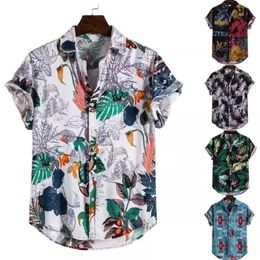 Men's T-Shirts Linen Short Sleeved Shirt Men Summer Flowers Loose Leisure Hawaii Holiday Beach Printed T-Shirt Top Button Nat295B