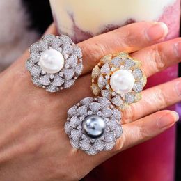 Wedding Rings GODKI Trendy Women Luxury Big Flower Pearl Cubic Zirconia Inlaid Creative Exaggerated Fashion Jewelry213t