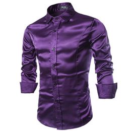 Whole- New Men Shirt Long Sleeve Chemise Homme 2016 Fashion Design Purple Mens Silk Shirt Slim Tuxedo Dress Shirts Camisa Soci298G