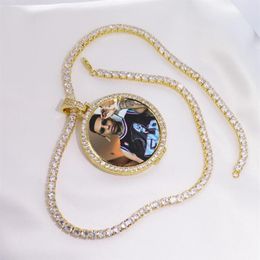 Pendant Necklaces Round Po Custom Made Medallions Picture Necklace & Tennis Chain Gold Colour Cubic Zircon Men's Hip Hop Je258G